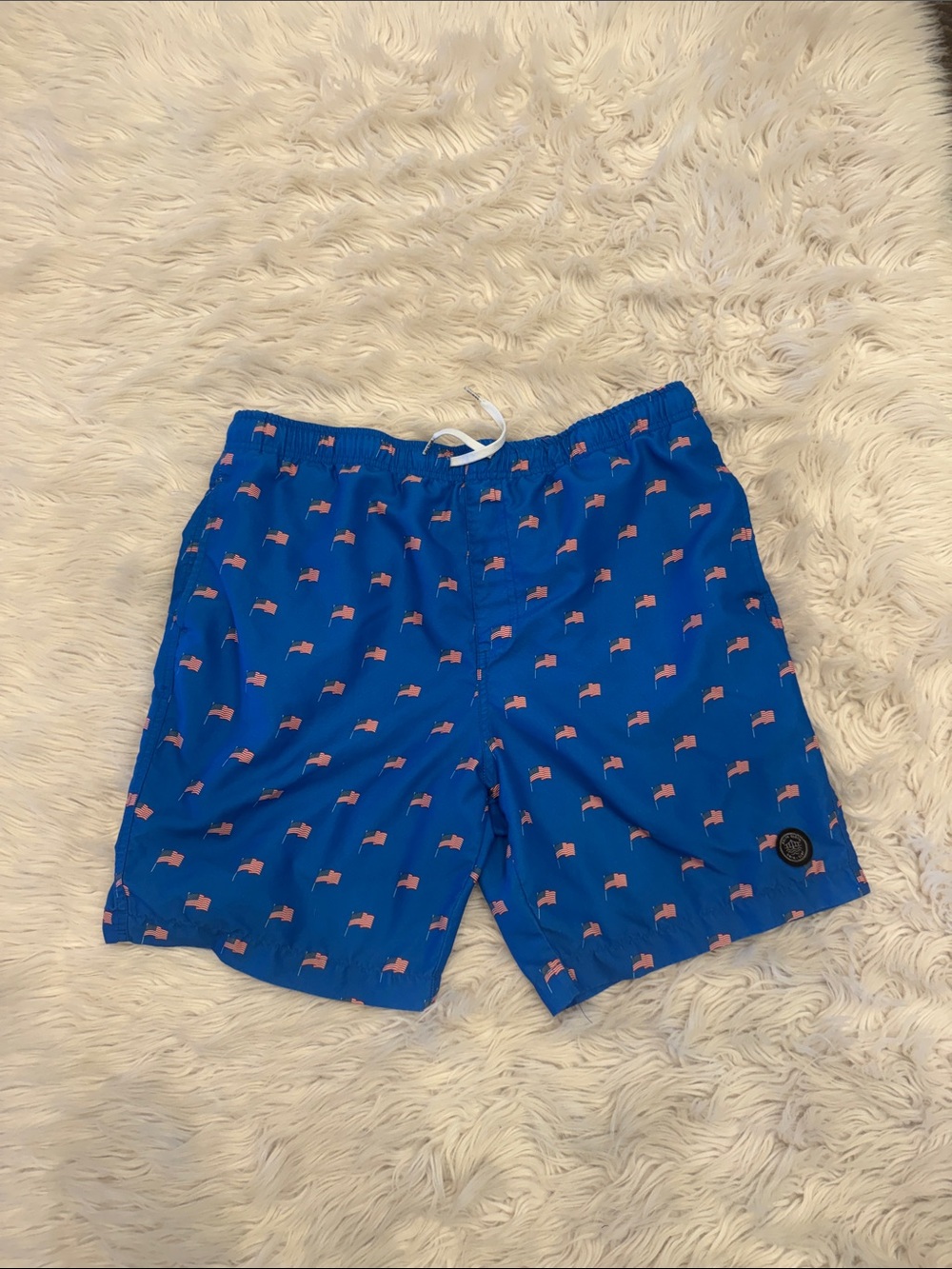 Brooklyn Cloth Blue Swim Shorts with Pink Flag Print